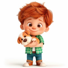 Fototapeta premium 3D Little Boy With A Dog, Looking Happy, With Clipping Path