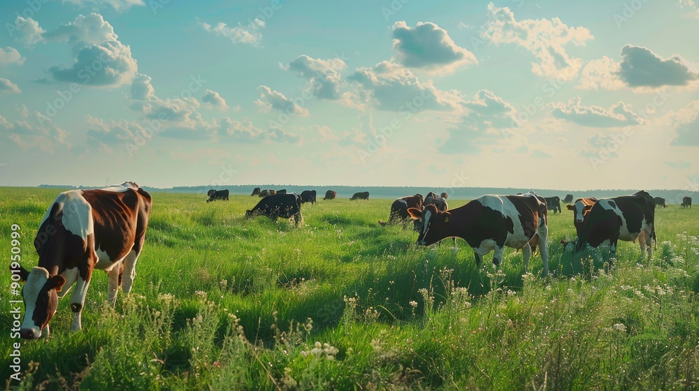 Poster A herd of cows grazing in a field