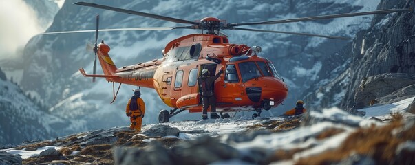 Helicopter emergency team on snowy mountain rescue.