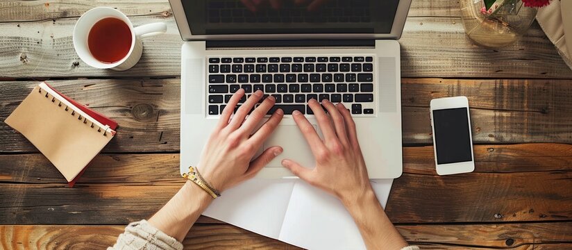 Man writing text document, essay or letter with laptop.