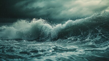 The ocean is rough and the waves are crashing