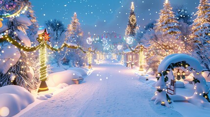 A serene winter landscape with snow-covered trees, twinkling lights, and a peaceful path, creating a magical holiday atmosphere.