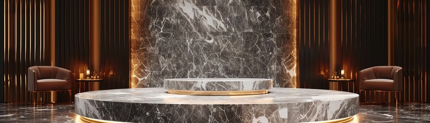 Elegant marble interior with stylish seating and warm lighting, creating a luxurious and sophisticated ambiance.