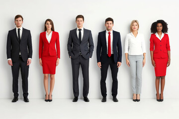 Obraz premium Group of people professional businessmen businesswomen in suits ties standing in a line. AI generated