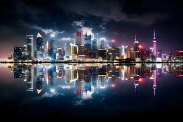 Fototapeta premium Dazzling Evening Embrace - The EF City Nightscape Captured in Majestic Glory