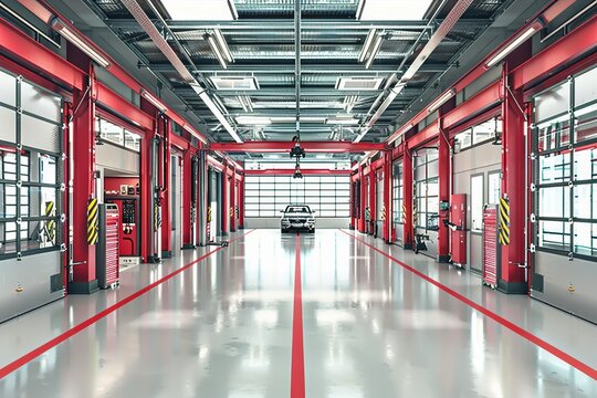 Modern car service center with empty workplaces and a vehicle on a lift ready for repairing