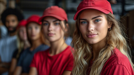 Fototapeta premium A group of people wearing red hats and shirts are standing together
