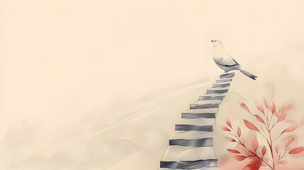 ethereal illustration of a bird atop stairs representing aspiration, tranquility, hope, and growth, soft pastel color palette, minimalistic design with ample copy space, appealing to wellness,...