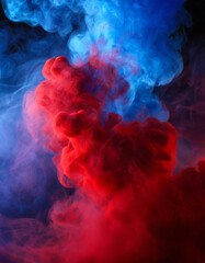 Fototapeta premium Dynamic Swirling Clouds of Vibrant Red and Blue Smoke in Dark Ambient Setting, Creating a Captivating Abstract Vortex of Colorful Mist. Vertical Patriotic Banner Wallpaper USA Flag Election President 