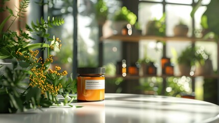 Amber jar of cosmetic product sitting on white table with green plants in background