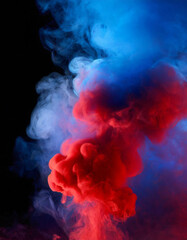 Fototapeta premium Dynamic Swirling Clouds of Vibrant Red and Blue Smoke in Dark Ambient Setting, Creating a Captivating Abstract Vortex of Colorful Mist. Vertical Patriotic Banner Wallpaper USA Flag Election President 