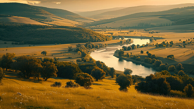 Awesome evening scene in the countryside. Location place river Seret