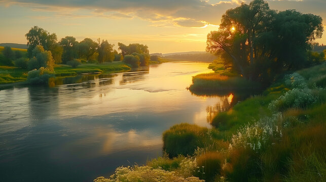 Awesome evening scene in the countryside. Location place river Seret