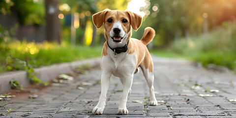 playful beagle dog, outdoor path, joyful expression, collar with tag, sunlight filtering through trees, ideal for pet care marketing, veterinary services, advertisements, emotional appeal,...