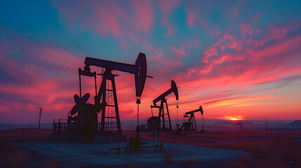 Naklejka premium oil pumpjacks silhouette sunset, dramatic sky, industry landscape, energy production, emotional impact, versatile for marketing, editorial, real estate, copy space available,...