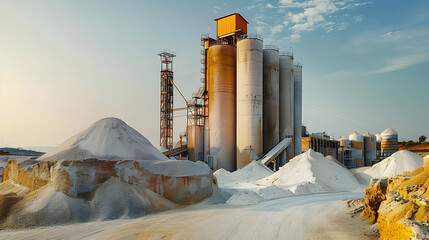 Industrial quarry setting with silos and sand piles, perfect for construction materials, ideal for marketing campaigns targeting construction, architecture, and manufacturing industries.