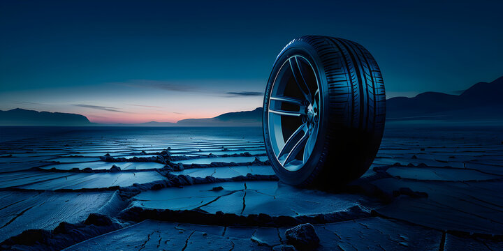Sleek tire silhouette, dynamic motion, automotive design, striking lighting, modern aesthetic, cool blues and grays, conceptual representation of speed, innovation, perfect for marketing,...