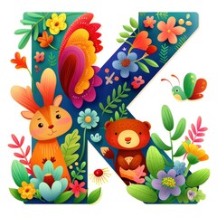 Fototapeta premium Alphabet Letter K Decorated With Cute Cartoon Animals, Vector Illustration On A White Background