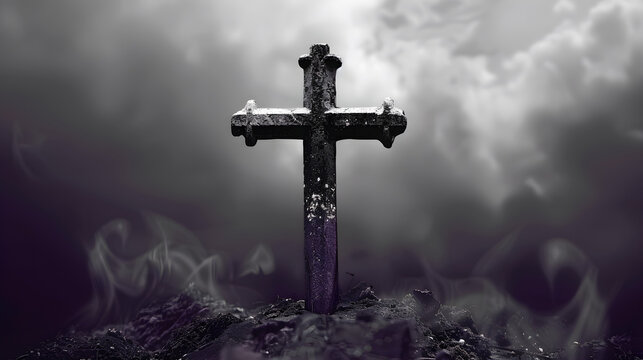 mysterious cross silhouette, dark clouds, ethereal atmosphere, spiritual symbolism, faith and resurrection, ideal for religious content, marketing, emotional appeal, versatile applications,...