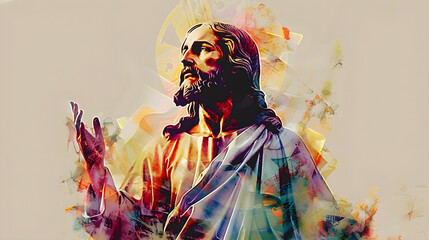 Fototapeta premium jesus christ digital painting, abstract colorful spiritual, divine figure religious art, vibrant brush strokes, halo symbolism, expressive artistic style, faith hope serenity,...