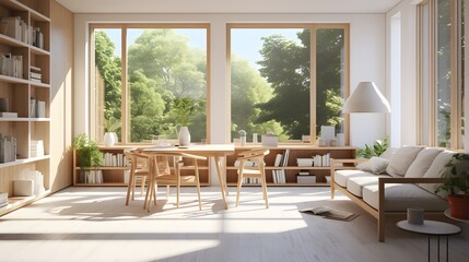 Fototapeta premium Modern home refurbishment process on a sunny day, featuring expansive windows bringing in natural light, highlighting the renovation and improvement