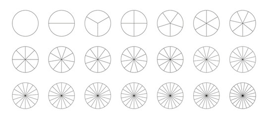 Pie chart template. Segmented charts. Sectors divide the circle on equal parts. Coaching blank. Outline black graphics. Set of pizza, pie charts. Segments infographic. Diagram wheel parts from 1 to 21