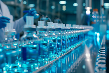 Industrial factory line for precision vial filling by medical staff in illuminated workspace