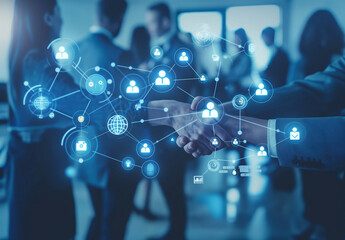 Business professionals engaging in networking and digital collaboration in modern office setting