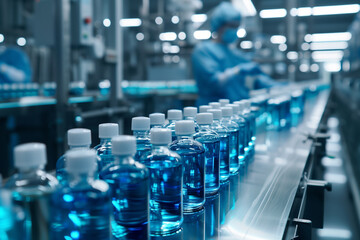 Fototapeta premium Close-up of medical staff filling vials on industrial factory line under soft lighting