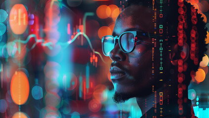 Digital portrait of an african american man analyzing ai stock trading technology amid glowing data streams