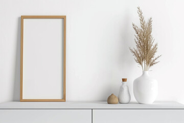 Mockup empty wooden frame in living room interior