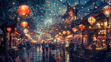 Tourists walking in crowded street market decorated with red lanterns at night