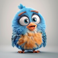 Obraz premium Cute Blue Bird With A Curious Expression, Gray Background, 3D Illustration