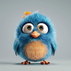 Fototapeta premium Cute Blue Bird With A Curious Expression, Gray Background, 3D Illustration