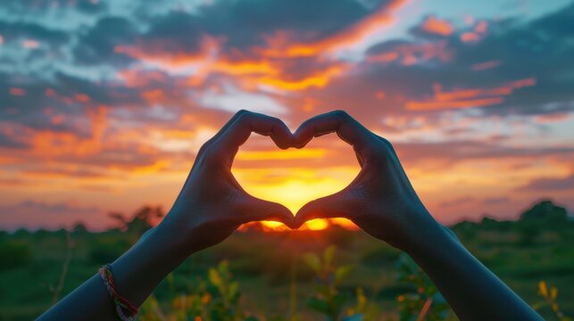 Woman making heart shape with hands at sunset