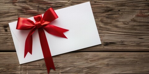 White Envelope with Red Bow on Wooden Table