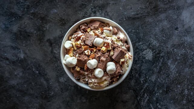 Bowl of Chocolate and Vanilla Ice Cream with Toppings