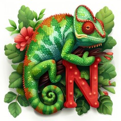 Obraz premium Cute Chameleon With The Alphabet Letter N, Vector Illustration