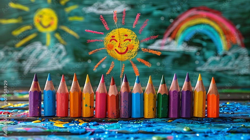 Wall mural kindergartener learning about weather patterns drawing suns clouds and rainbows and discussing the f