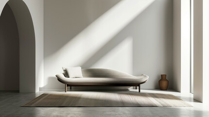 Fototapeta premium A minimalist space with a simple rug under a sleek, contemporary couch. 