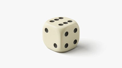 3d render of ivory dice with engraved circular dots on its faces. The dice is for board games, also for gambling and casino. The dice isolated on a white background.