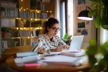 Female teacher dedicating time at home to prepare lesson plans and materials for school