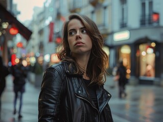 Fototapeta premium Woman in leather jacket on city street
