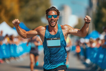 Excited Male Runner Celebrates Victory While Crossing The Finish Line During A Vibrant Marathon Event In The City