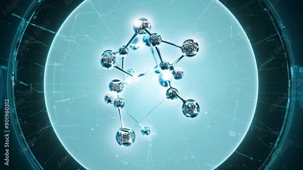 Poster a three-dimensional molecular structure composed of interconnected spheres floats in the center of a