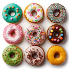 Group Of Assorted Donuts With Colorful Icing And Sprinkles, Top View, Isolated On A White Background