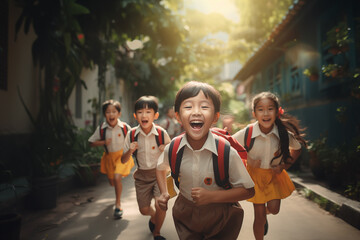 Cheerful asian children running excitedly to school on a bright morning