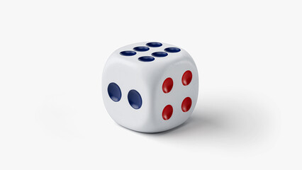 3d render of white dice with engraved circular dots on its faces. The dice is for board games, also for gambling and casino. The dice isolated on a white background.