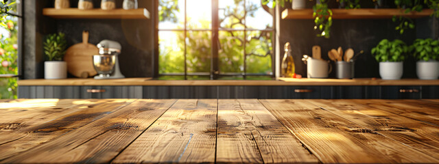 Fototapeta premium Blurred beautiful wood tabletop counter and blurred modern kitchen with access to a terrace with trees interior background in clean and bright. Banner, ready for product mounting.