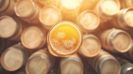Aerial Shot of Brewery with Fermentation Casks and Herbal Beer Glasses in Sunlight